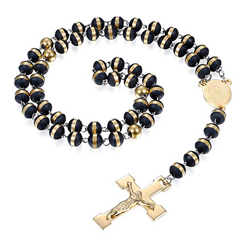 JewelryWe Schmuck Herren Damen Halskette, Retro Jungfrau Maria Jesus Christus Kruzifix Kreuz Rosenkranz Anhänger mit 60cm Kugel Kette, Edelstahl Gummi Kautschuk, Gold Schwarz von JewelryWe