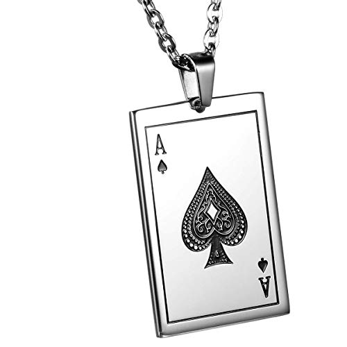 JewelryWe Schmuck Herren Damen Halskette mit persönlicher FOTOGRAVUR | Bild & Text Wunsch-gravur, Edelstahl Spades A Königin Herz Poker Karten Dog-Tag Anhänger mit 55cm Kette, Schwarz Silber von JewelryWe