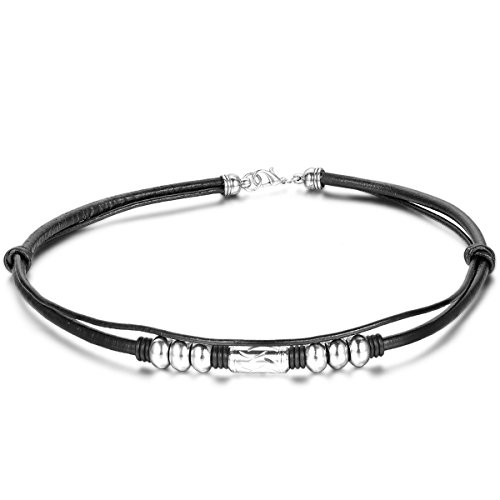 JewelryWe Schmuck Herren Damen Kette, Leder Legierung, Einfach Retro Punk Rock Beads Kugeln Geflochten Seil Halskette, Schwarz Silber - Breite 5mm Länge 45cm von JewelryWe