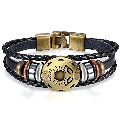 JewelryWe Schmuck Herren Damen Krebs Armband, 12 Tierkreis Sternzeichen Horoskop Charms Druckknopf Armreif, Leder Legierung, schwarz von JewelryWe