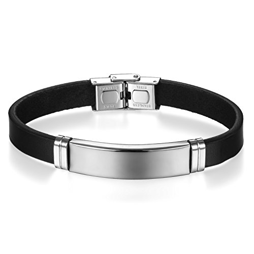 JewelryWe Personalisierte Schmuck Leder Armband Armreif mit Edelstahl Hochglanz Poliert Gravurplatte Herren Damen Lederarmband schwarz Silber Gravur von JewelryWe