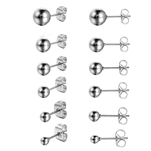 JewelryWe Schmuck Herren Damen Ohrringe, 6 Paare (12pcs) 3~8mm Kugel Ohrstecker, Edelstahl, Silber von JewelryWe