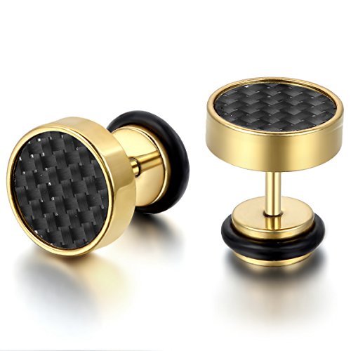 JewelryWe Fake Plug Ohrstecker Herren: Edelstahl Tunnel Ohrringe mit Kohlefaser Kohlenstofffaser Inlay Fake Ohr Plugs Ohrstecker Schraube Helix Tragus Piercings 8mm Gold Schwarz von JewelryWe