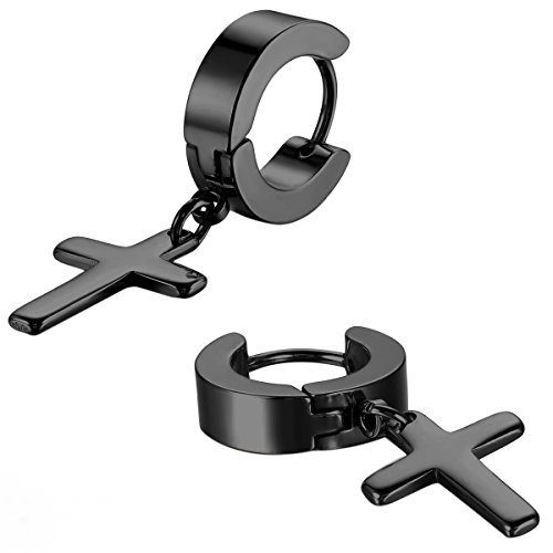 JewelryWe Schmuck Herren Damen Ohrringe, Kreuz Creolen Ohrstecker, Edelstahl, Schwarz von JewelryWe