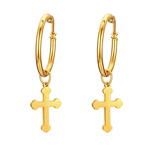 JewelryWe Schmuck Herren Damen Ohrringe, Poliert Kreuz Creolen Ohrstecker, Edelstahl, Gold von JewelryWe