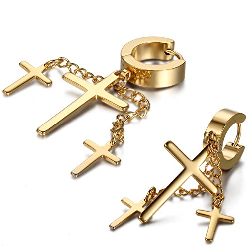 JewelryWe Creolen Ohrringe mit Kreuz Anhänger: Gold Edelstahl Huggie Creolen mit 3 Baumelnde Kreuz und Kette Unisex Gothic Punk Ohrhänger Hängende Ohrringe Rock Schmuck Geschenk für Herren Damen JewelryWe Creolen Ohrringe mit Kreuz Anhänger: Gold Edelstahl Huggie Creolen mit 3 Baumelnde Kreuz und Kette Unisex Gothic Punk Ohrhänger Hängende Ohrringe Rock Schmuck Geschenk für Herren Damen von JewelryWe