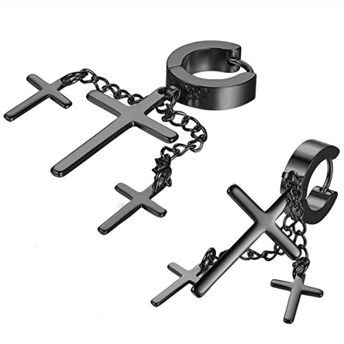 JewelryWe Creolen Ohrringe mit Kreuz Anhänger: Schwarz Edelstahl Huggie Creolen mit 3 Baumelnde Kreuz und Kette Unisex Gothic Punk Ohrhänger Hängende Ohrringe Rock Schmuck Geschenk für Herren Damen von JewelryWe