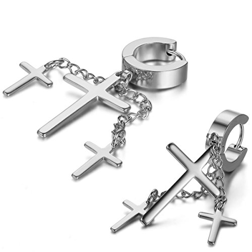 JewelryWe Kreuz Ohrringe Herren Damen: Edelstahl Creolen Ohr Manschette Ohrhänger Ohrstecker mit 3 Kreuz Kette Anhänger Hängende Ohrringe für Männer Frauen Silber von JewelryWe