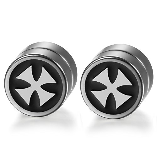 JewelryWe Herren Non-piercing Magnet Ohrstecker Ohrringe, Retro Malteser Kreuz Fake-Plugs Fake-Piercing Tunnel Ohne Loch Magnetisch Ohr-Clips Geschenke für Männer, Schwarz Silber von JewelryWe