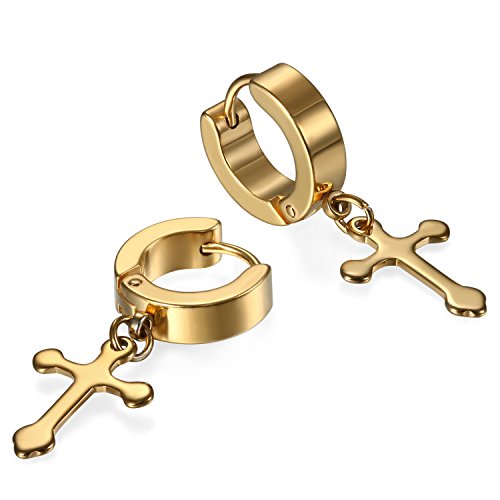 JewelryWe Schmuck Herren Damen Ohrringe Creolen, Edelstahl Kreuz Huggie Klappcreolen Ohrstecker Ohrhänger Gold von JewelryWe