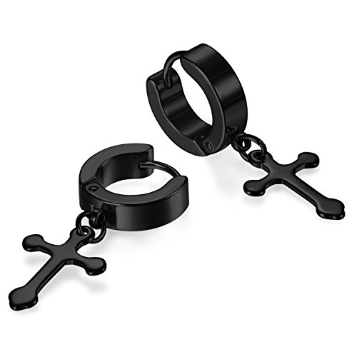 JewelryWe Schmuck Herren Damen Ohrringe Creolen, Edelstahl Kreuz Huggie Klappcreolen Ohrstecker Ohrhänger Schwarz von JewelryWe