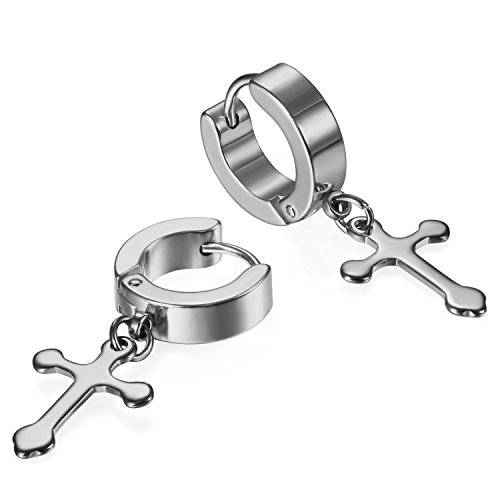 JewelryWe Schmuck Herren Damen Ohrringe Creolen, Edelstahl Kreuz Huggie Klappcreolen Ohrstecker Ohrhänger Silber von JewelryWe