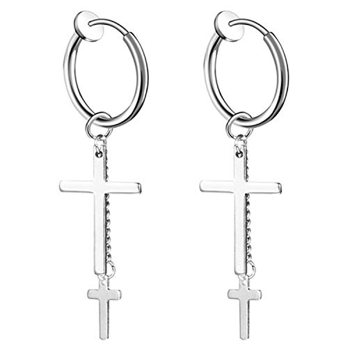 JewelryWe Schmuck Herren Damen Ohrringe Edelstahl Ohrstecker doppelt Kreuz Kette H?ngend Huggie Creolen Ohrringe Ohr-Piercing Ohrh?nger, Silber von JewelryWe