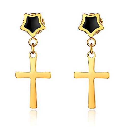 JewelryWe Schmuck Herren Damen Ohrringe Edelstahl Stern Pentagon Fakeplug Fake Plug Ohrstecker Ohr-Piercing Ohrhänger mit Kreuz Anhänger Gold von JewelryWe
