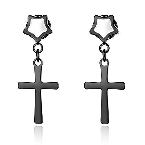 JewelryWe Schmuck Herren Damen Ohrringe Edelstahl Stern Pentagon Fakeplug Fake Plug Ohrstecker Ohr-Piercing Ohrhänger mit Kreuz Anhänger Schwarz von JewelryWe