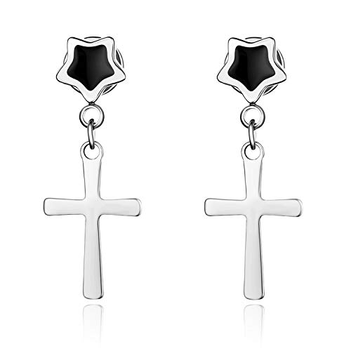 JewelryWe Schmuck Herren Damen Ohrringe Edelstahl Stern Pentagon Fakeplug Fake Plug Ohrstecker Ohr-Piercing Ohrhänger mit Kreuz Anhänger Silber von JewelryWe