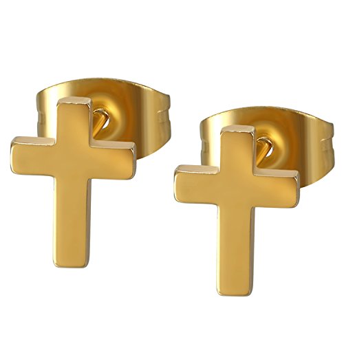 JewelryWe Schmuck Herren Damen Ohrstecker, 8mm Glänzend Poliert Kruzifix Kreuz Ohrringe Ohrschmuck, Edelstahl, Gold von JewelryWe