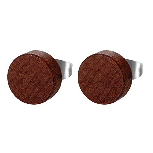 JewelryWe Schmuck Herren Damen Ohrstecker, Edelstahl Holz Runde Ohrringe Piercing Geschenk für Männer Frauen, Braun, 10mm von JewelryWe