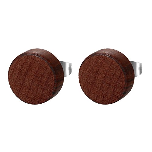 JewelryWe Schmuck Herren Damen Ohrstecker, Edelstahl Holz Runde Ohrringe Piercing Geschenk für Männer Frauen, Braun, 12mm von JewelryWe