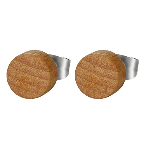 JewelryWe Schmuck Herren Damen Ohrstecker, Edelstahl Holz Runde Ohrringe Piercing, Kaffee, 8mm von JewelryWe