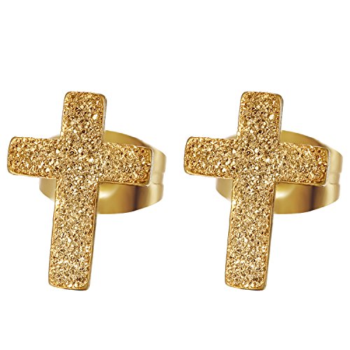 JewelryWe Schmuck Herren Damen Ohrstecker, Edelstahl sandgestrahlt Kreuz Ohrringe, Gold von JewelryWe