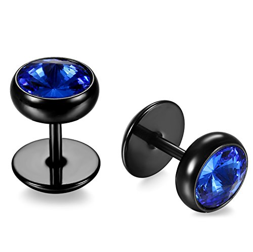 JewelryWe Schmuck Herren Damen Ohrstecker, Glänzend Glas Diamant Runde Kreis Ohrringe, 8mm, Edelstahl, Blau Schwarz von JewelryWe