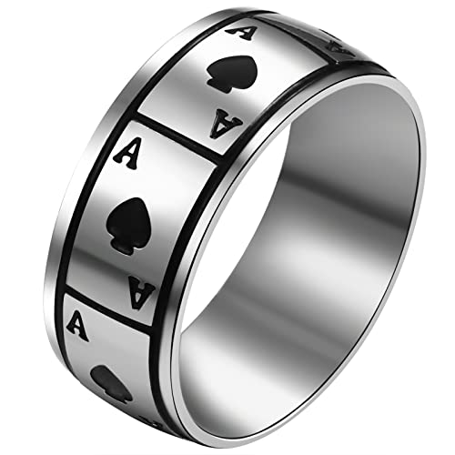 JewelryWe Schmuck Herren Damen Ring, 8mm Pik Ass Pokerkarten Glücksring Edelstahl Pik-Ass Spielkarten Band Bandring mit Gravur, Silber Größe 65 von JewelryWe