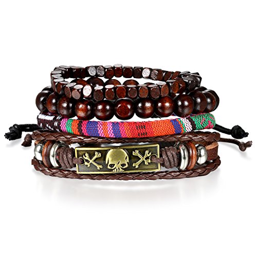 JewelryWe Schmuck Herren Damen WICKELARMBAND Serie, Retro Gotik Totenkopf Schädel Crossbones Kugel Perlen Tribal Leder Seil Armband Armreif Surfer Surferarmband, Mehrfarbig von JewelryWe