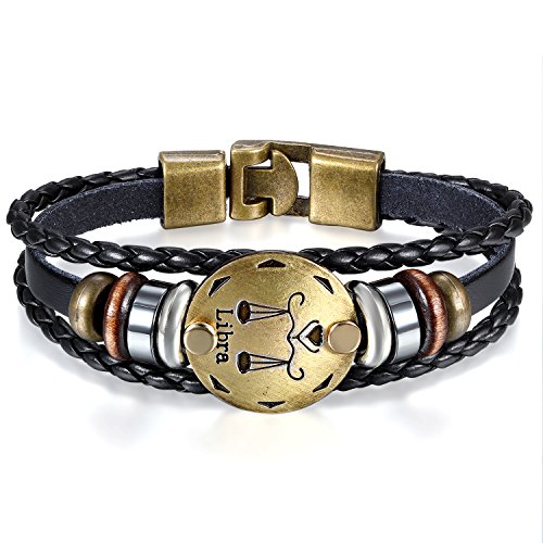 JewelryWe Schmuck Herren Damen Waage Armband, 12 Tierkreis Sternzeichen Horoskop Charms Druckknopf Armreif, Leder Legierung, schwarz von JewelryWe