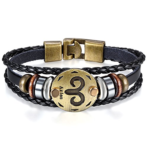 JewelryWe Schmuck Herren Damen Widder Armband, 12 Tierkreis Sternzeichen Horoskop Charms Druckknopf Armreif, Leder Legierung, schwarz von JewelryWe