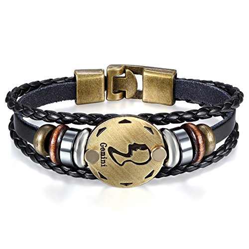 JewelryWe Schmuck Herren Damen Zwillinge Armband, 12 Tierkreis Sternzeichen Horoskop Charms Druckknopf Armreif, Leder Legierung, schwarz von JewelryWe