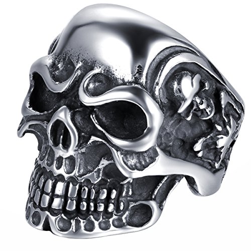JewelryWe Schmuck Herren Edelstahl Ring Biker Band Gotik Totenkopf Schädel Edelstahlring für Halloween Weihnachten, Schwarz Silber Größe 59 - mit Geschenk Tüte von JewelryWe