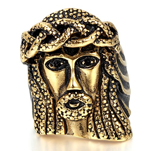 JewelryWe Schmuck Herren Edelstahl Ring Biker Band Jesus Edelstahlring für Halloween Weihnachten, Gold Größe 54 von JewelryWe