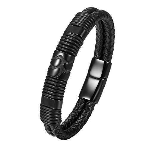 JewelryWe Lederarmband Herren Edelstahl Magnetverschluss: Retro Zweireihig Zweischichtig geflochten Leder Armband Armreif mit Edelstahl Magnet Verschluss Schwarz von JewelryWe