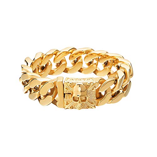 JewelryWe Totenkopf Armband Panzerkette Herren: Gold Groß Schwer Breit Kubanische Kette Biker Armband mit Fleur de Lis und Schädel Gothic Poliert Armkette Kettenarmband Punk Rock Schmuck für Männer von JewelryWe