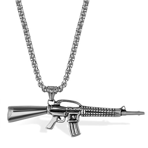 JewelryWe Schmuck Herren Halskette, Edelstahl Armee Gewehr Pistole Waffe AK47 Anhänger mit 56cm Kette, Silber von JewelryWe