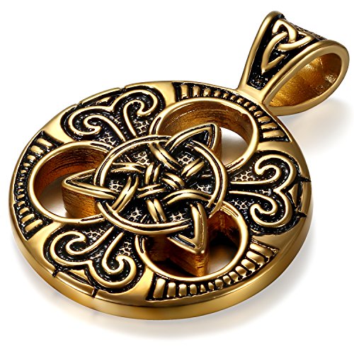 JewelryWe Schmuck Herren Halskette, Edelstahl Irish Celtic Knot Irischen Keltisch Knoten Triquetra Anhänger mit 60cm Quadrat Link Kette, Schwarz Gold von JewelryWe
