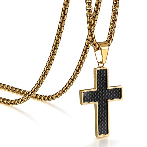 JewelryWe Schmuck Herren Halskette, Edelstahl Kohlenstoff Faser Kohlefaser Anhänger Kruzifix Kreuz mit 56cm Kette, Gold Schwarz von JewelryWe
