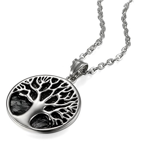 JewelryWe Schmuck Herren Damen Halskette, Edelstahl Lebensbaum Baum des Lebens Runden Anhänger mit Kette Gold Schwarz Silber von JewelryWe