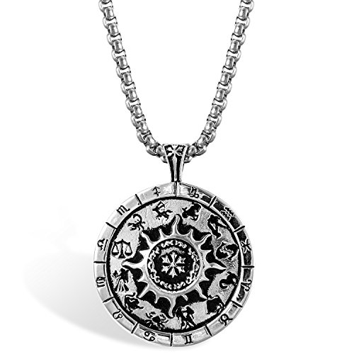 JewelryWe Schmuck Herren Halskette, Edelstahl Retro Klasische Tierkreis Sternzeichen Kompass Anhänger mit 56cm Kette, Silber von JewelryWe