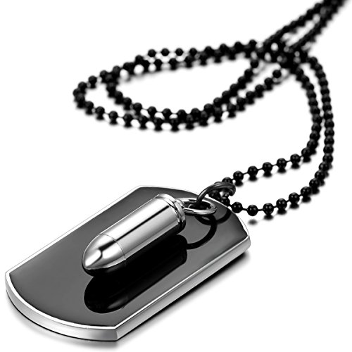 JewelryWe Schmuck Herren Halskette, Gewehrkugel Geschoss Militärischen Erkennungsmarken Armee Stil Dog Tag Anhänger mit 70cm Kette, Schwarz Silber von JewelryWe