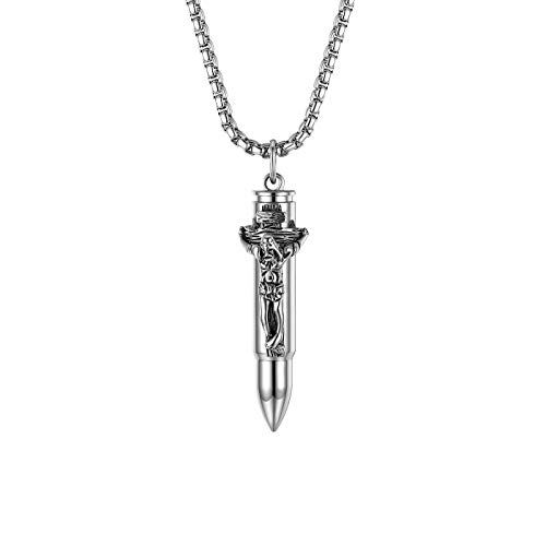 JewelryWe Schmuck Herren Halskette Edelstahl Retro Jesus Christus Kreuz Patronenhülse Gewehrkugel Anhänger Memorial Asche Urne Kette Silber von JewelryWe