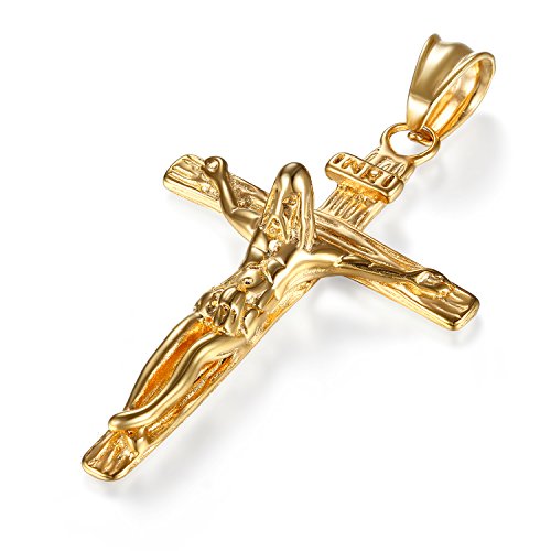 JewelryWe Schmuck Herren Halskette Edelstahl Retro Jesus Christus Kruzifix Kreuz Anhänger mit 55cm Kette Geschenk für Männer Gold von JewelryWe