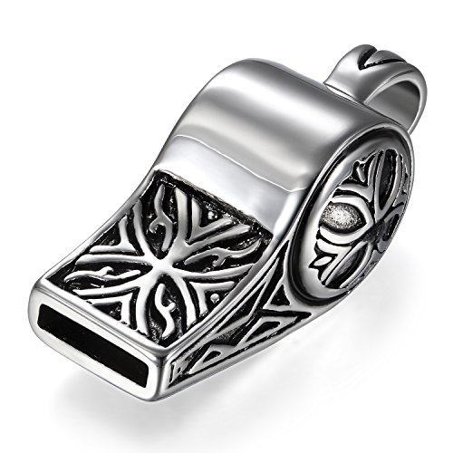 JewelryWe Schmuck Herren Halskette Edelstahl Retro Keltisch Kreuz Pfeife Trillerpfeife Anhänger mit 55cm Kette Geschenk Silber Schwarz von JewelryWe