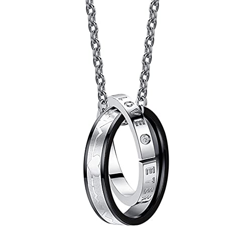 JewelryWe Herren Halskette Herzschlag Ringe: Edelstahl Herzschlag EKG Zirkonia Ring Anhänger Kette mit ETERNAL LOVE Gravur Geschenk für Männer Silber Schwarz von JewelryWe