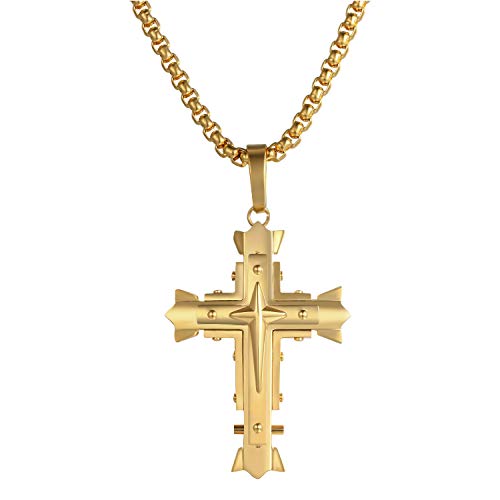 JewelryWe Kreuz Kette Herren Edelstahl: Biker Rocker Religiöse Halskette 22 Zoll mit Dreifach Kruzifix Kreuz Anhänger Geschenk für Männer Junge Gold von JewelryWe