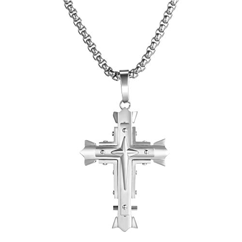 JewelryWe Schmuck Herren Halskette mit Kreuz Anhänger Edelstahl Biker Rocker Religiöse Kette 22 Zoll für Männer Jungen Silber von JewelryWe