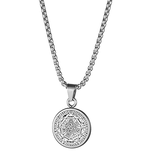 JewelryWe Schmuck Herren Halskette mit Siegel der Sieben Erzengel Anhänger Retro Edelstahl Medaille Kette Silber Gold Schwarz von JewelryWe