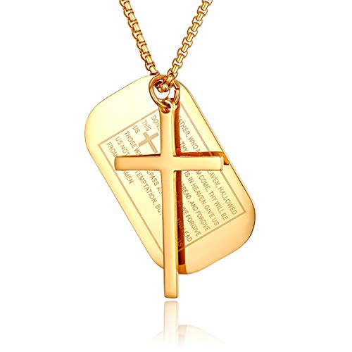 JewelryWe Schmuck Herren Kreuz Halskette, Retro Kruzifix Englisch Bibel Herr Gebet Erkennungsmarken Dog Tag Anhänger mit 24 Zoll Kette, Edelstahl, Gold, kostenlos Gravur von JewelryWe