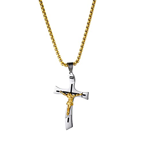 JewelryWe Schmuck Herren Kreuz Halskette mit Edelstahl INRI Kruzifix Jesus Christus Anhänger & Weizenkette Gold Vatertag Geschenk von JewelryWe